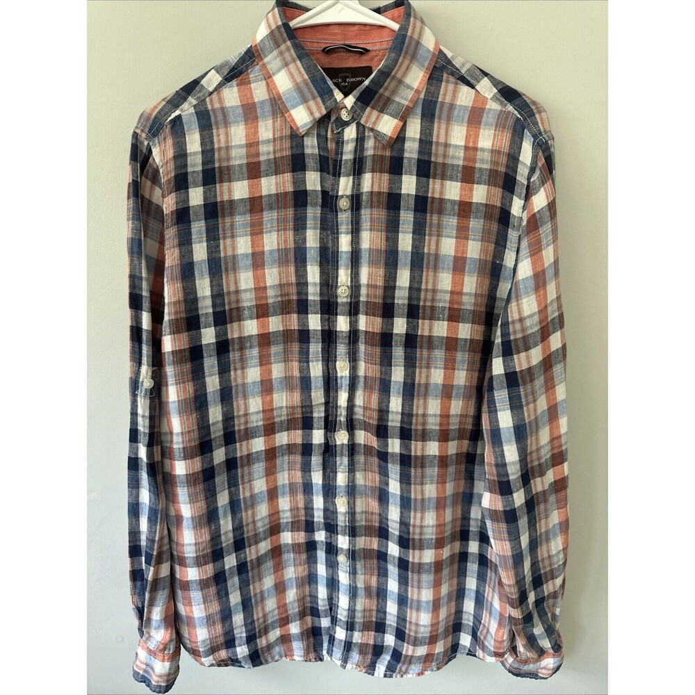 Black Brown 1826 Casual 100% Linen Plaid Long Sleeve Button Down Small